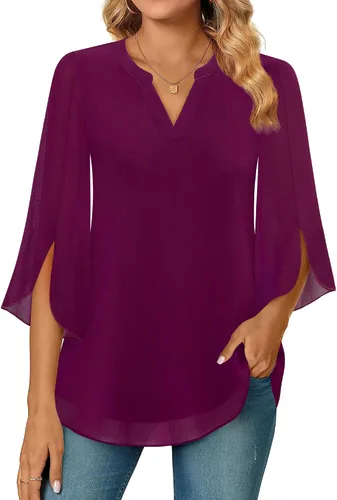 Vista 3 de Timeson Blusa de gasa de manga 34 para mujer, cuello en V, túnica elegante