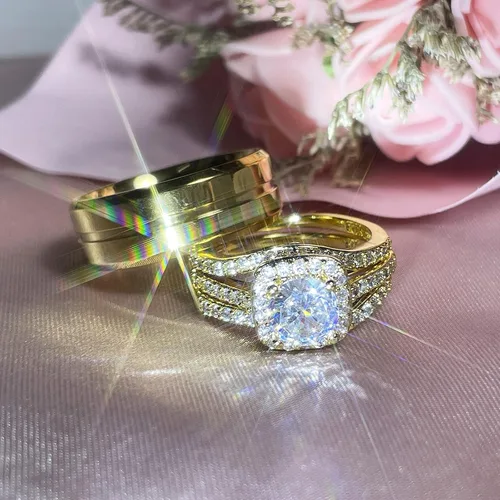 Vista 2 de Anillos a juego para parejas, anillos a juego de 1.8 quilates chapados en oro de circonita cúbica para mujer, conjuntos de anillos de boda para él