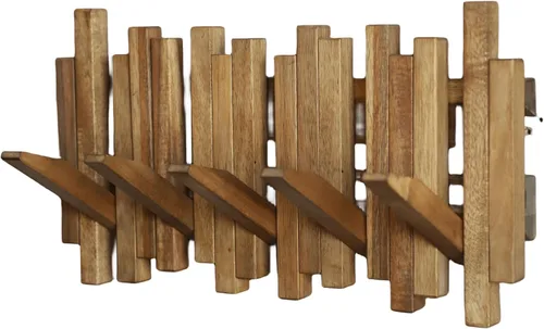 Vista 2 de Perchero de Piano de Madera Natural Montado en la Pared Perchero de Pared Gancho de Pared Abatible con 5 Ganchos Gancho de Pared para Entrada