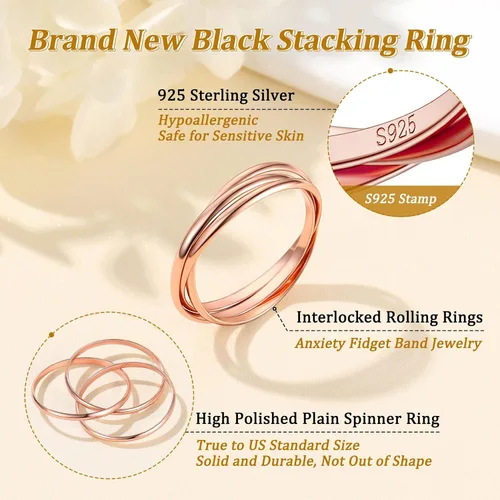 Vista 6 de Suplight Anillos entrelazados de plata de ley para mujer, anillo simple para ansiedad, anillos de polvo de estrellas lisos, anillo apilable