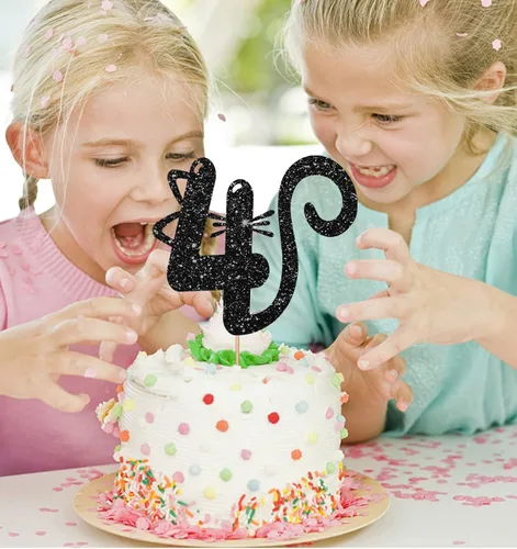 Vista 4 de Decoración para tartas de gato de cuatro años, decoración de pastel número 4 para bebé, suministros de fiesta de cumpleaños de gatito, decoración