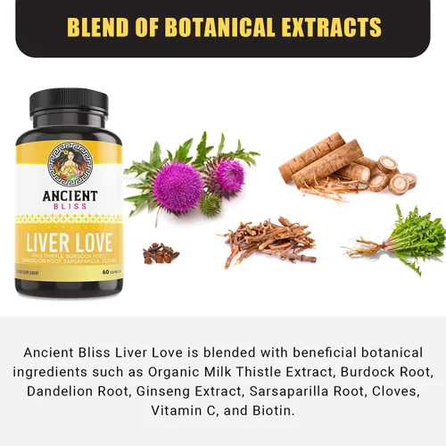 Vista 3 de Ancient Bliss Liver Love - Suplemento natural de desintoxicación hepática y salud hepática de cardo mariano - Apoya el hígado saludable en hombres