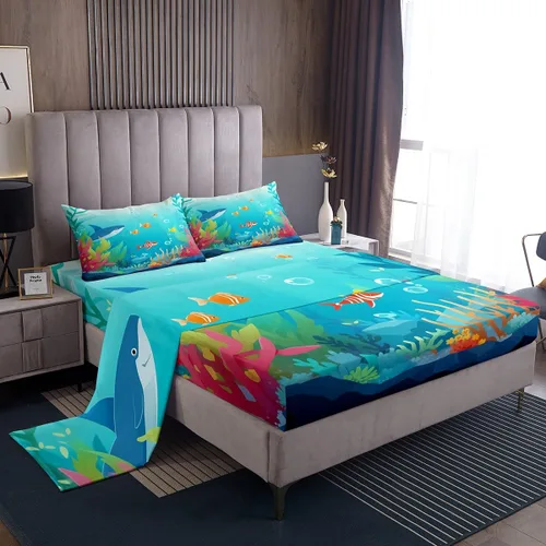 Vista 14 de Erosebridal Juego de sábanas de ballena náutica, tamaño individual, juego de ropa de cama vintage azul con ondas oceánicas para niños y niñas