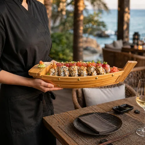 Vista 5 de Restaurantware -Bandeja de servicio de barco de sushi de 17.3 pulgadas, 1 bote de sushi duradero - Robusto, fácil de limpiar, barco de madera