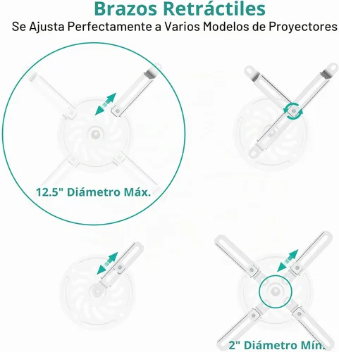 Vista 5 de WALI Soporte de techo para proyector, soporte universal para proyector de perfil bajo con brazos retráctiles y función de ajuste múltiple Blanco