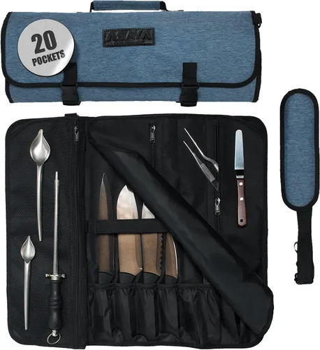 Vista 11 de Asaya Bolsa enrollable para cuchillos de chef, 20 bolsillos en total para cuchillos y utensilios de cocina, fabricada con nailon encerado resistente
