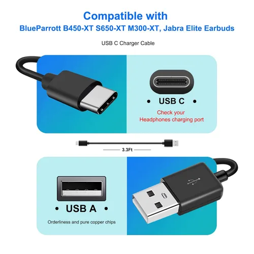 Vista 2 de ycwwzzh Cable de carga USB-C compatible con BlueParrott B450-XT S650-XT M300-XT, Jab Elite 3 4 7 7 Pro 75t 85t 85h, auriculares Elite Active 75t