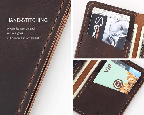 Vista 3 de Cartera de cuero plegable hecha a mano - cartera de cuero minimalista de la tarjeta de crédito