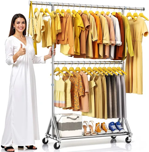 Vista 10 de Perchero de ropa de doble barra de acero inoxidable 100 % resistente, 860 libras, perchero ajustable para colgar ropa, armario independiente