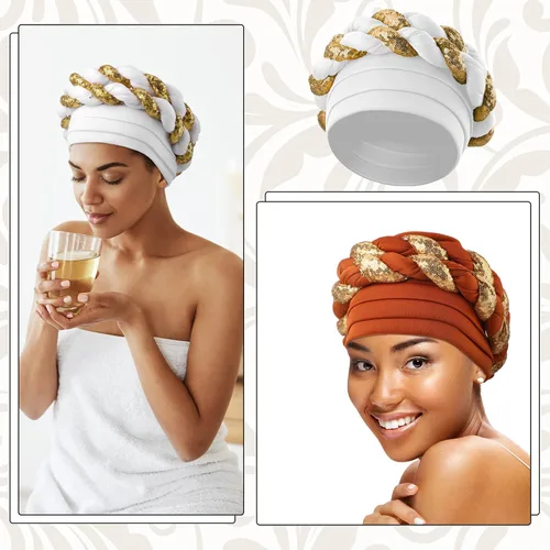 Vista 7 de Jeyiour 6 piezas de turbante africano para mujeres negras, gorro trenzado con lentejuelas, gorro elástico y trenzado africano