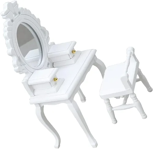 Vista 5 de LUOZZY 2 piezas de accesorios de muebles en miniatura escala 1:12 Mini tocador y taburete modelo conjunto de decoración de casa de muñecas - blanco