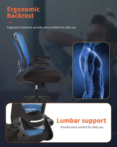 Vista 5 de Silla ergonómica de malla para oficina, con respaldo lumbar, giratoria, con ruedas, ejecutiva, con brazos y respaldo medio ajustable, para Azul