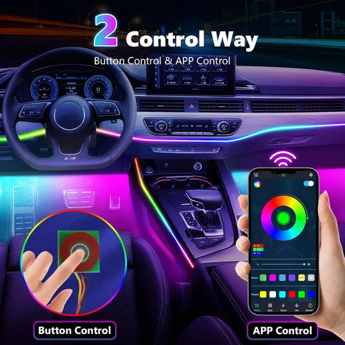 Vista 4 de Tira de luz LED acrílica para interior de automóvil, luz de neón AMKI para automóvil con control de aplicación, 16 millones de accesorios