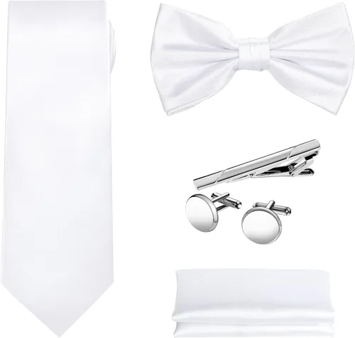 Vista 21 de TIE G 5pcs Tie Set in WHITE OR BLACK GIFT BOX: Solid Color Necktie, Satin Bow Tie, Pocket Square, Lapel, Cuff Links A-aqua