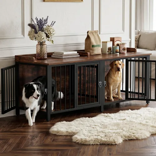 Vista 15 de BOINN Mueble plegable para perros de 41.3 pulgadas, no se ensambla, para perros de interior, jaulas de madera para perros con cuencos giratorios