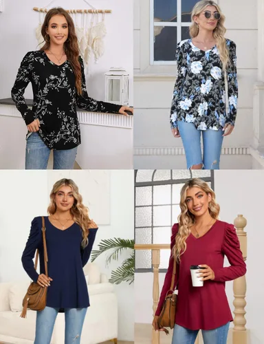 Vista 5 de CATHY Women's Long Sleeve V-Neck Casual T-shirt Sexy Tunic Tops Basic Blouses in Winter