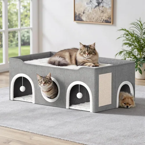 Vista 7 de Casa para gatos todo en uno extra ancha, cama superior con tres habitaciones, condominios para gatos, camas para gatos de interior, familia
