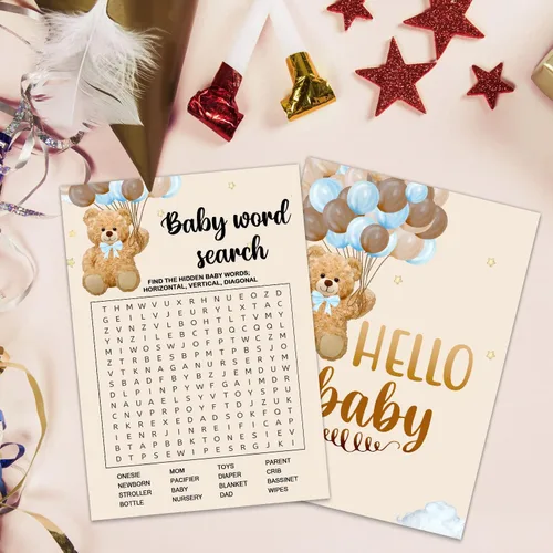 Vista 4 de Juegos de baby shower, búsqueda de palabras para bebés, doble cara, divertidas ideas y suministros para fiesta de bebé para niña o niño. Bonito