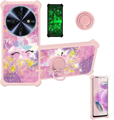 Vista 106 de jioeuinly Funda compatible con Oukitel P1 Pro con protector de pantalla de vidrio templado, policarbonato duro + silicona suave, soporte de anillo