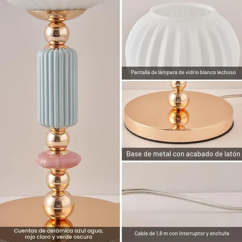 Vista 6 de Moderna lámpara de mesa de cristal blanco leche, lámpara de mesita de noche, lámpara de escritorio de metal con interruptor de cable de enchufe