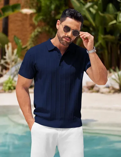 Vista 80 de COOFANDY Camisas polo de punto para hombre de manga corta con textura acanalada Camisas de golf casuales y ligeras con cuello Camiseta de polo