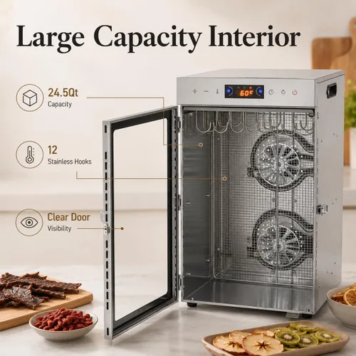 Vista 4 de Deshidratador de alimentos de acero inoxidable, gabinete de secado de caja Biltong de 800 W, capacidad de 24.5 cuartos de galón, temperatura