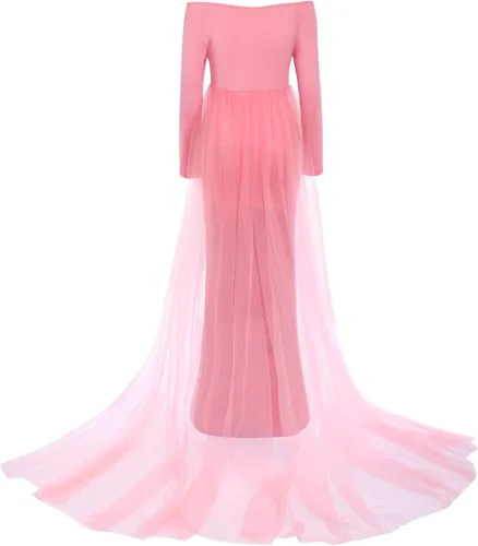 Vista 3 de Vestido largo de maternidad de manga larga con hombros descubiertos para mujer, vestido de tul para boda, sesión de fotos, baby shower