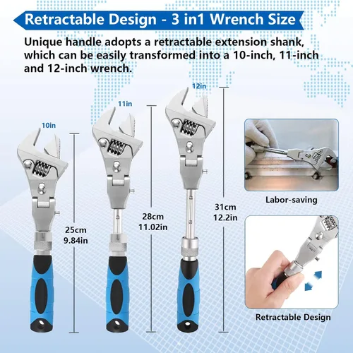 Vista 5 de Llave ajustable Flexhead, llaves de media luna de trinquete de 10" a 12" con vástago de extensión retráctil y cabezal giratorio de 180⁰