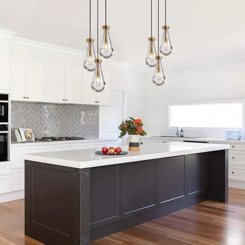 Vista 8 de Lámpara colgante de latón de 3 luces para isla de cocina, lámpara colgante de racimo de lluvia, lámpara de techo de cristal con cuerda ajustable