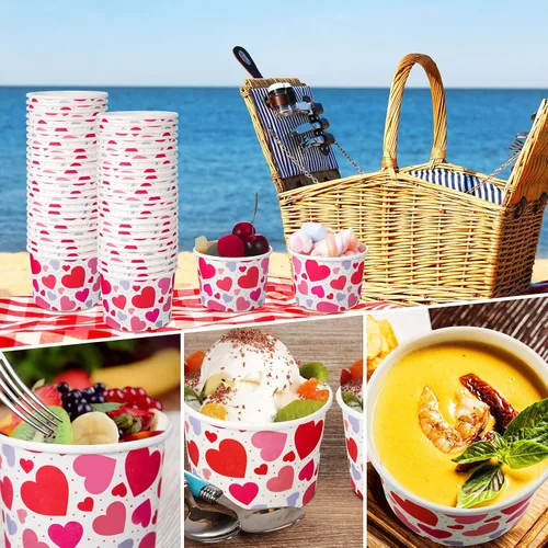 Vista 7 de Shellwei 100 cuencos de papel de helado para el día de San Valentín de 9 onzas a granel, tazas de aperitivos con corazón rojo, tazones de postre