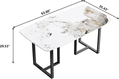 Vista 2 de Mesa de comedor moderna, mesa de comedor de piedra sinterizada blanca antigua con patas de mesa de acero al carbono negro, mesa de comedor Blanco