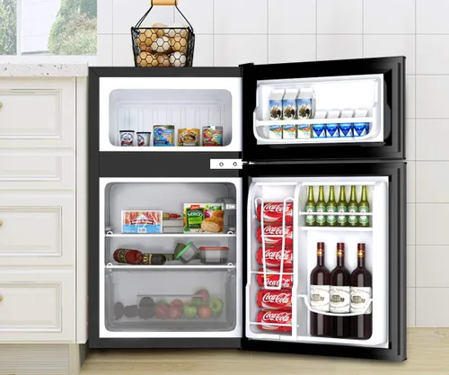 Vista 5 de Mini refrigerador con congelador, refrigerador compacto de 3.2 pies cúbicos, refrigerador de doble puerta con temperatura ajustable y estantes