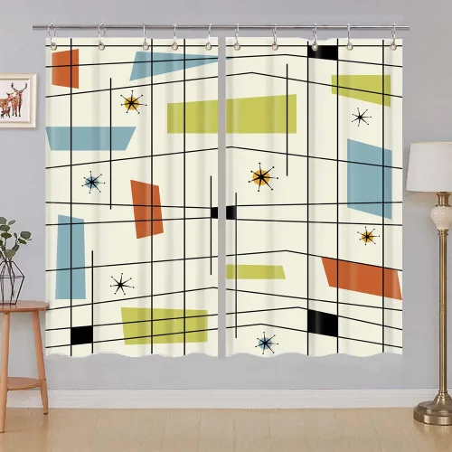 Vista 6 de Cortinas de cocina de mediados de siglo, estética, abstracta, geométrica, verde azulado, retro, cuadrícula, Starbursts de los años 50, 1960, juego