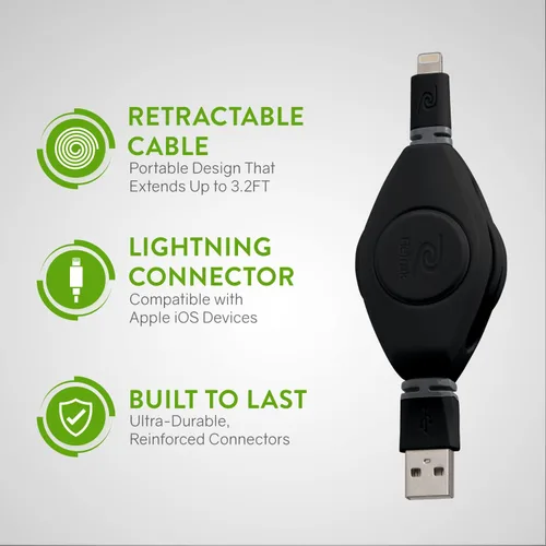 Vista 6 de ReTrak Premier Series ETLTUSBBLK Cable retráctil Lightning a USB de carga y sincronización para iPhone, iPod y iPad (negro), 3.2 pies