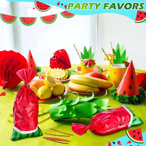 Vista 6 de 100 bolsas de sandía para dulces de celofán, bolsas de plástico de melón a granel con 200 lazos giratorios para regalo de fiesta de cumpleaños