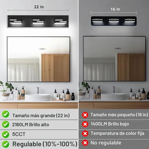 Vista 7 de Lámparas LED modernas para tocador de baño, 3 luces, 5CCT, regulables, luces de tocador negro mate para accesorios de iluminación de baño sobre