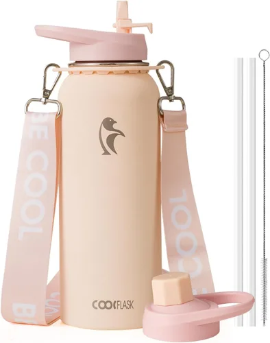Vista 21 de Botella de agua Coolflask de 40 onzas con correa, botella de agua metálica aislada con popote y tapas con pico, acero inoxidable de doble pared al