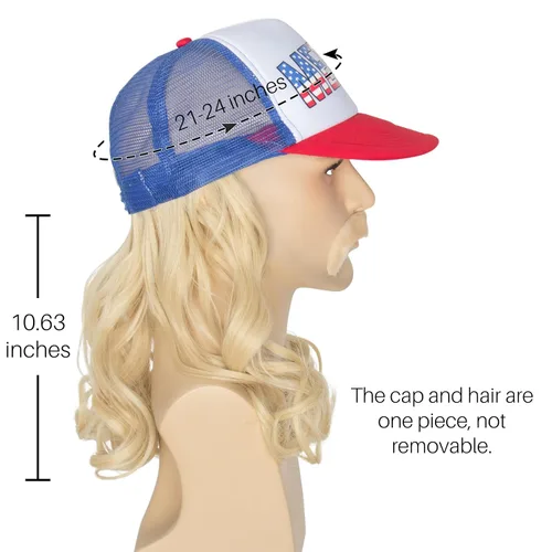 Vista 4 de Peluca rubia con sombrero de salmonete con bigote para hombres, disfraz americano del 4 de julio, pelucas divertidas para hombres