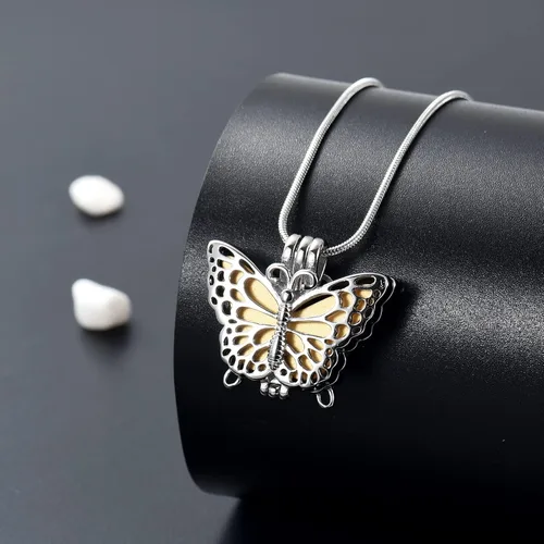 Vista 3 de Always in My Heart - Collar de urna de cremación de mariposa ahuecada para cenizas para mujeres, recuerdo conmemorativo, Metal, Acero inoxidable