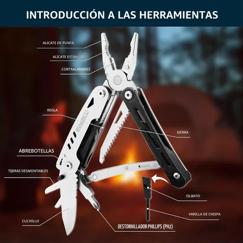 Vista 2 de Alicates multifunción 12 en 1 con cierre de seguridad, encendedor y silbato, cuchillo de bolsillo de acero inoxidable, multiherramienta de camping