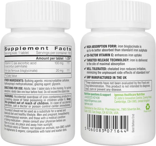 Vista 6 de Igennus - Bisglicinato de hierro limpio de 20 mg, vitamina C, suministro para 6 meses, fórmula quelada suave de alta absorción y bisglicinato