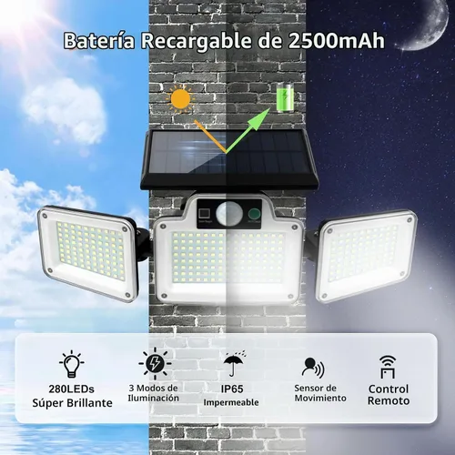 Vista 4 de JumJam 280 Reflectores LED Solares de Seguridad, Luces Solares para Exteriores con Sensor de Movimiento, Reflectores con Control Remoto