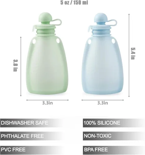 Vista 3 de PandaEar Paquete de 2 bolsas de comida para bebés y 2 recipientes para aperitivos, bolsas reutilizables de silicona para apretar y vasos plegables
