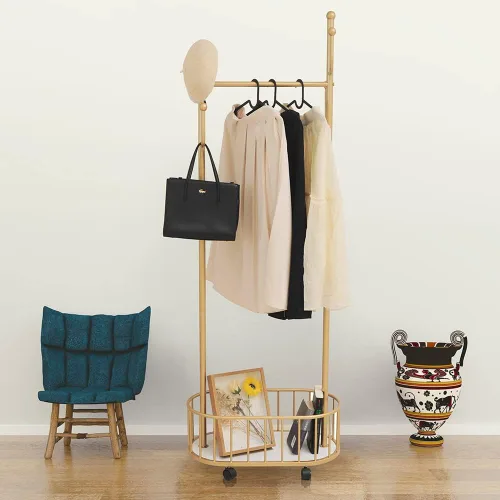 Vista 4 de Perchero de Ropa Dorado con Ruedas Perchero Rodante con Cesta de Almacenamiento Perchero de Abrigos de Metal Móvil Soporte Perchero Moderno
