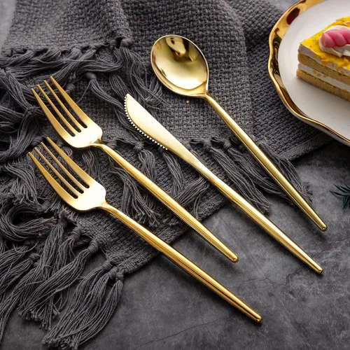 Vista 4 de LIYH - 102 cubiertos de plástico dorado desechables, utensilios de plástico dorado resistentes, cubiertos desechables que incluyen cuchillos