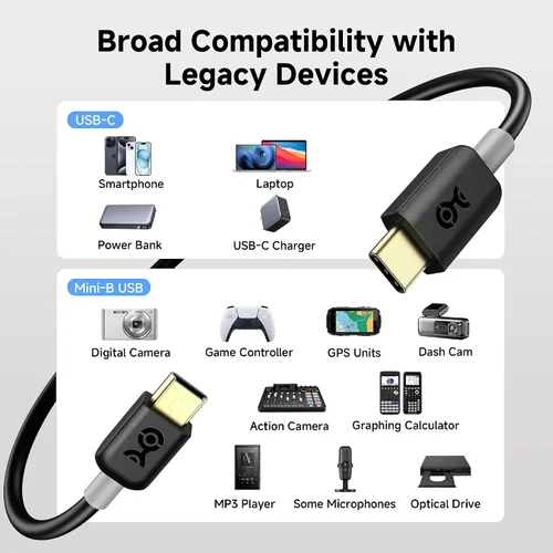 Vista 3 de Cable Matters Cable mini USB a USB C, 3.3 pies, datos de 480 Mbps, carga de 15 W, cable USBC a MiniUSB para controlador de juegos, cámara, GPS, Dash