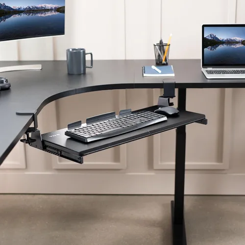 Vista 9 de VIVO Bandeja de teclado extraíble grande para escritorio de esquina, 27 (33 incluyendo abrazaderas) x 11 pulgadas plataforma deslizante cajón
