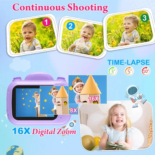 Vista 5 de Cámara de impresión instantánea para niños, cámara digital instantánea para niños de 3.5 pulgadas con fotos y videos HD de 1080P, regalos