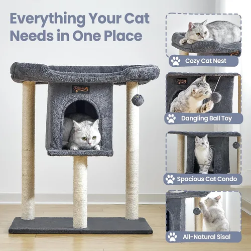 Vista 5 de Torre Rascador para Gatos Grandes de Interior, Árbol Pequeño para Gatos con Cama de Percha Grande, Casa de Árboles de 28 Pulgadas de Alto con Cueva