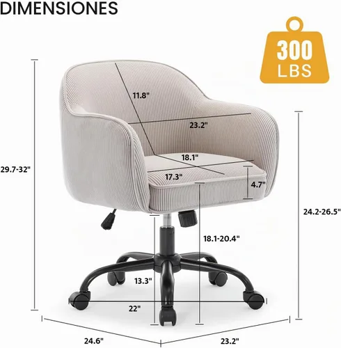 Vista 3 de Silla de escritorio, silla giratoria de pana con brazos y ruedas Beige